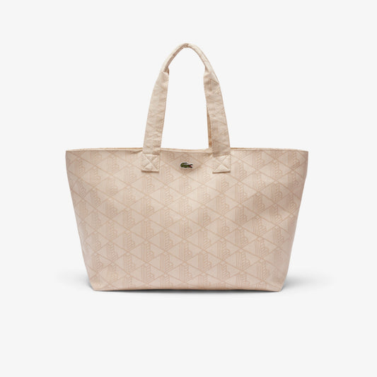 Lacoste XXL Summer Pack Motif Tote in Mono Jacquard Blanc Beige