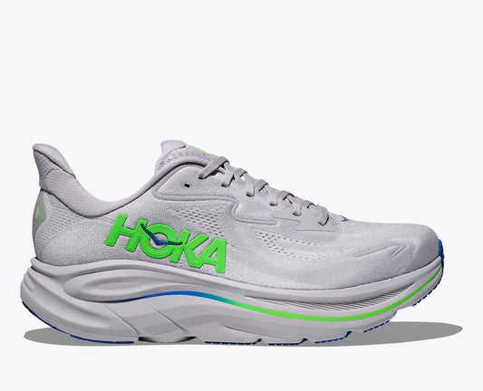 HOKA Clifton 10 in Ash Grey / Neon Green