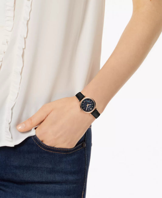 Fossil Women’s Carlie Mini Leather Strap Watch (28mm, Black — Model ES4700)