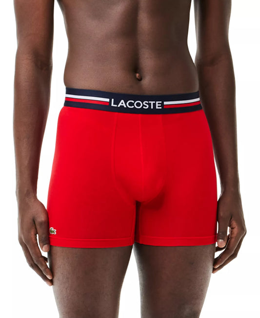 Lacoste Men’s 3-Pack Cotton Stretch French Flag Boxer Briefs in Red/Gray/Navy