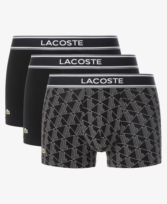 Lacoste Men's 3-Pack Regular-Fit Monogram 5" Boxer Briefs in Black Monogram