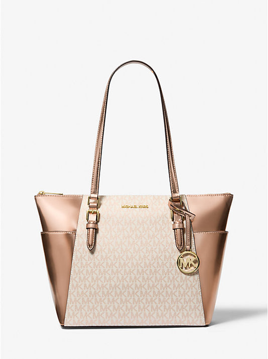 Michael Kors Charlotte Large Signature Logo and Metallic Top-Zip Tote Bag