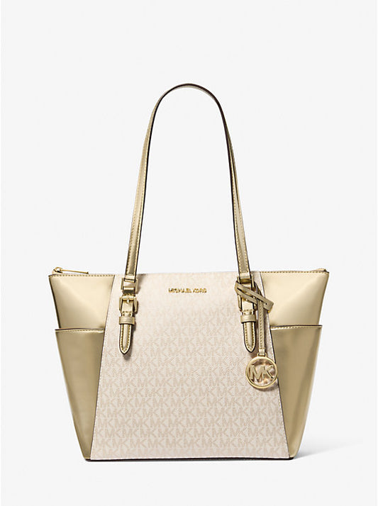 Michael Kors Charlotte Large Signature Logo and Metallic Top-Zip Tote Bag