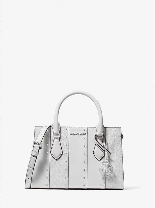 Michael Kors Sheila Small Studded Patchwork and Signature Logo Satchel - Optic White Multi