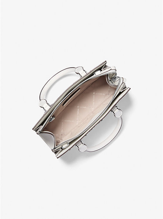 Michael Kors Sheila Small Studded Patchwork and Signature Logo Satchel - Optic White Multi