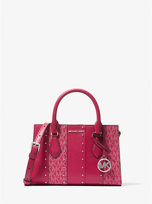 Michael Kors Sheila Small Studded Patchwork and Signature Logo Satchel - Dark Raspberry Multi