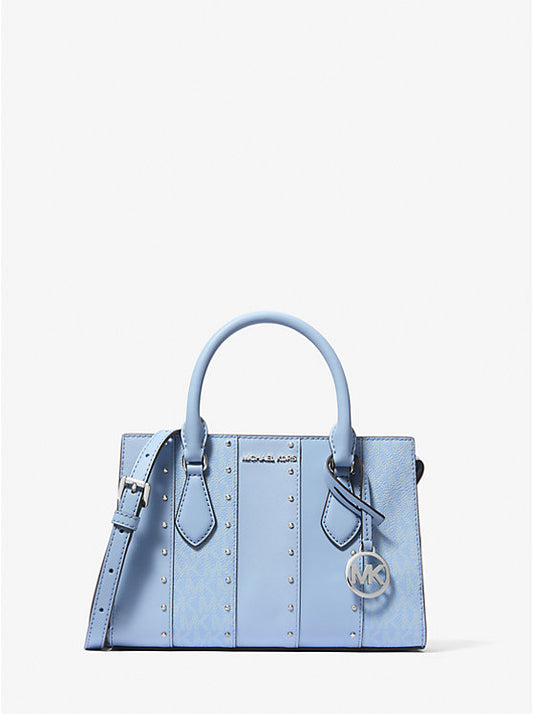 Michael Kors Sheila Small Studded Patchwork and Signature Logo Satchel - Light Sky Multi