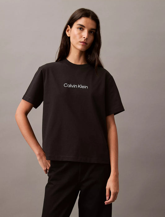 Calvin Klein Women's Standard Logo Boxy Fit Crewneck T-Shirt in Black Beauty