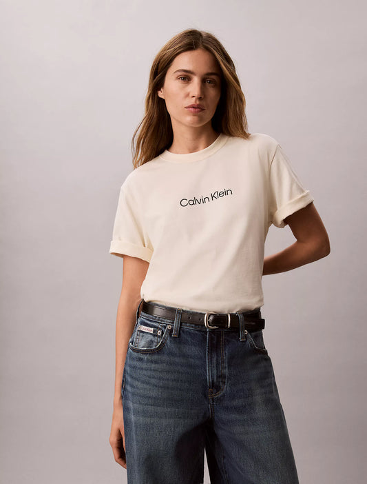 Calvin Klein Women's Standard Logo Boxy Fit Crewneck T-Shirt in Calico