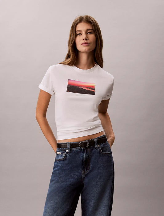 Calvin Klein Women's City Sunset Logo Graphic Classic T-Shirt in Bright White