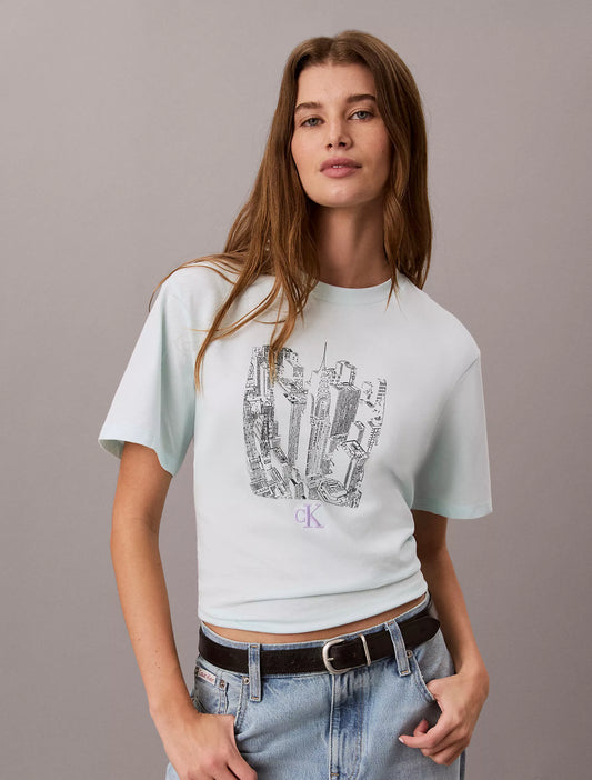 Calvin Klein Women's Cityscape Graphic Crewneck Tee in Aqua Breeze