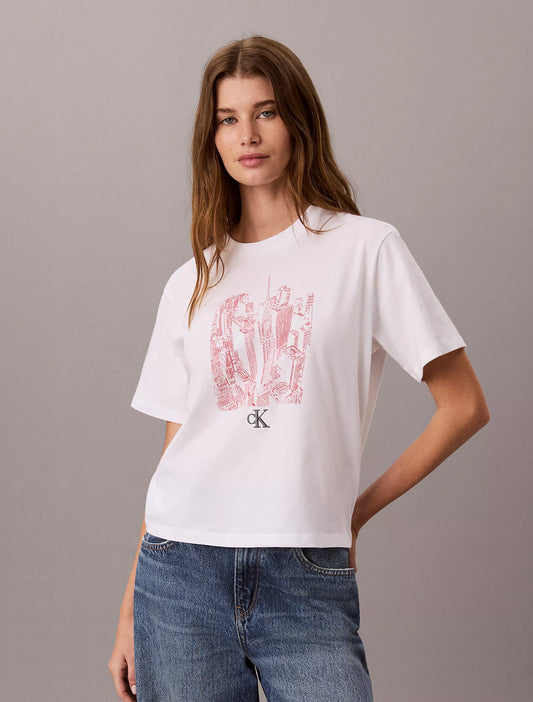 Calvin Klein Women's Cityscape Graphic Crewneck Tee in Bright White