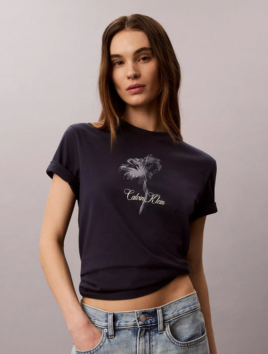 Calvin Klein Women's Floral Graphic Classic Tee in the colorway "Blue Nights"