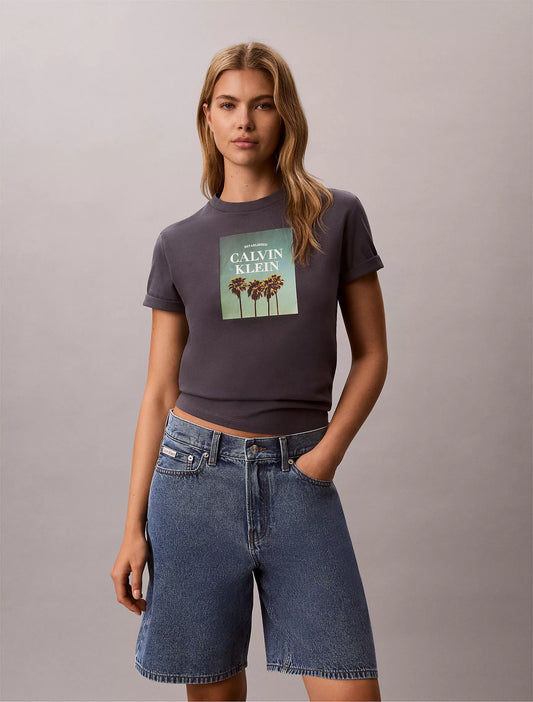 Calvin Klein Womens's Palm Tree Logo Graphic T-Shirt in Coal