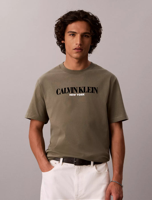 Calvin Klein Bold CKNY Logo Graphic Tee in Dusty Olive