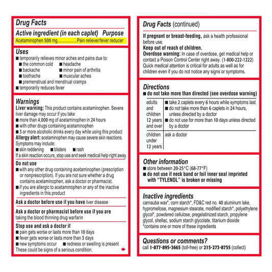 Tylenol Extra Strength Pain Relief Caplets, 500 mg Acetaminophen, 325 ct.