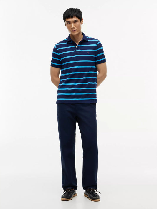 Tommy Hilfiger Regular Fit Striped Wicking Polo in Navy/Blue Stripe