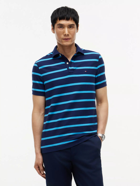 Tommy Hilfiger Regular Fit Striped Wicking Polo in Navy/Blue Stripe