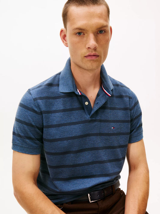 Tommy Hilfiger Regular Fit Striped Wicking Polo in Blue Heather