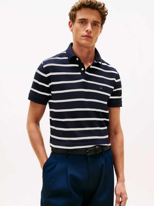 Tommy Hilfiger Regular Fit Striped Wicking Polo in Navy Stripe