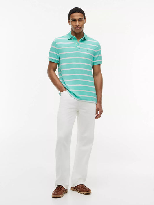 Tommy Hilfiger Regular Fit Striped Wicking Polo in Light Jade Green/White Stripe