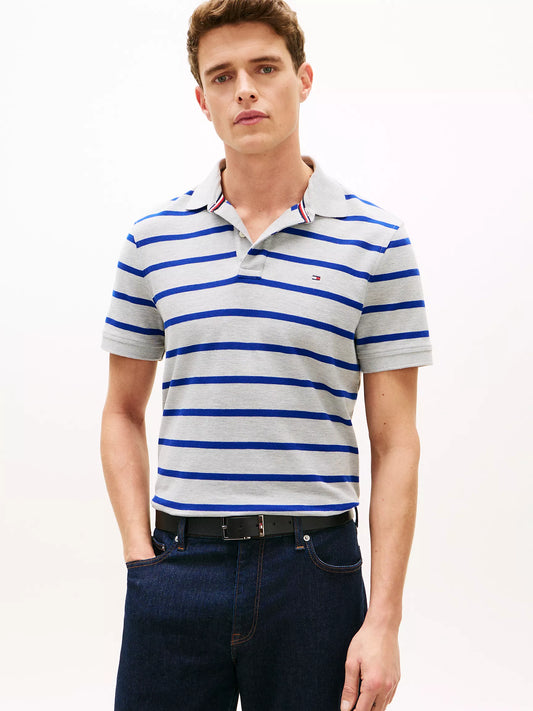 Tommy Hilfiger Regular Fit Striped Wicking Polo in Grey Heather/Blue Stripe