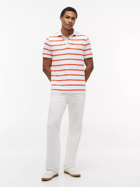 Tommy Hilfiger Regular Fit Striped Wicking Polo in Brilliant Orange/White Stripe