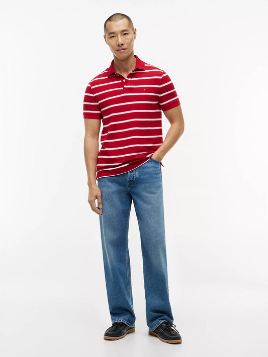 Tommy Hilfiger Regular Fit Striped Wicking Polo in Medium Red/White Stripe