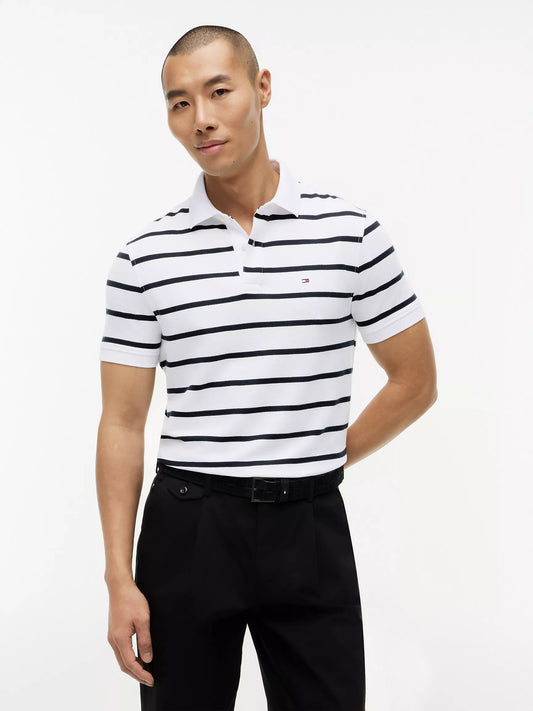 Tommy Hilfiger Regular Fit Striped Wicking Polo in Fresh White Stripe