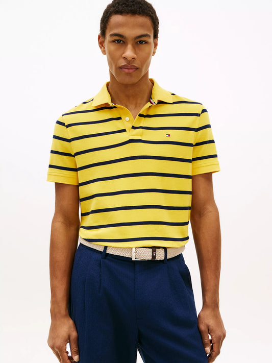 Tommy Hilfiger Regular Fit Striped Wicking Polo in Pollen/Black Stripe
