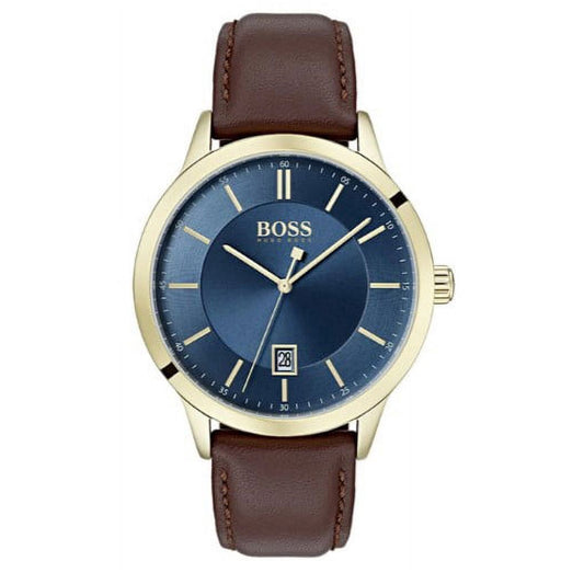 Hugo Boss Officer Men’s Watch (41mm Blue Dial with Date Indicator and Brown Leather Band)