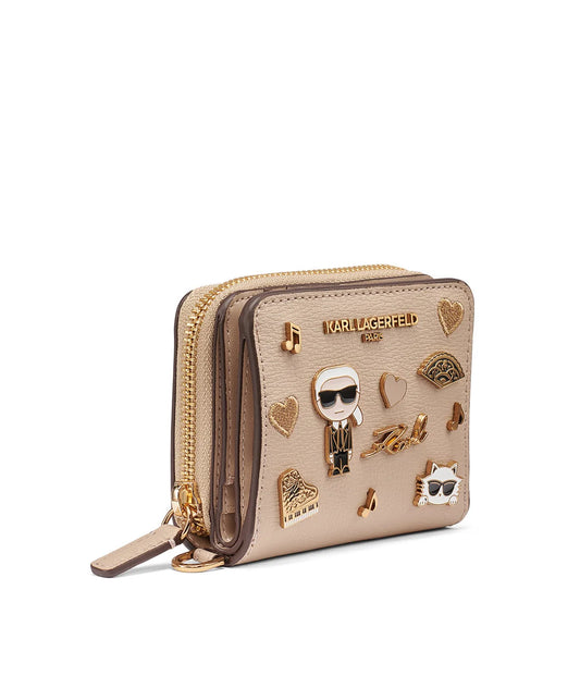 Karl Lagerfeld Paris Cate Pin Leather Small Zip Wallet in White Pepper