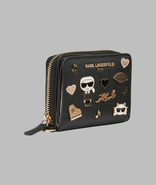 Karl Lagerfeld Paris Cate Pin Leather Small Zip Wallet in Black