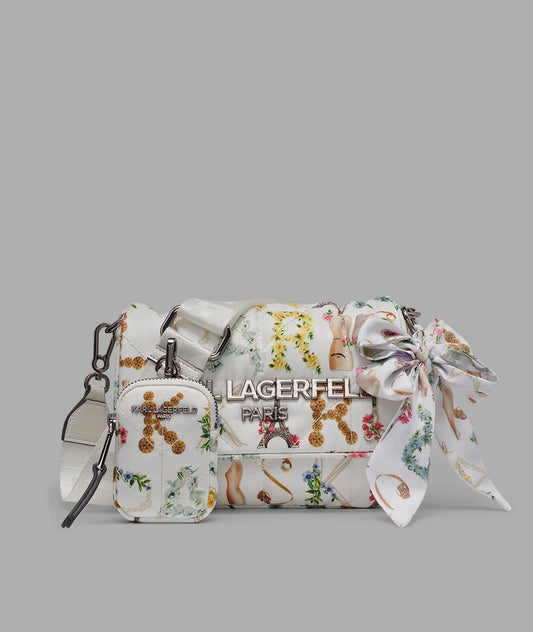 Karl Lagerfeld Paris Voyage Logo Crossbody with Bow in Winter White Multi