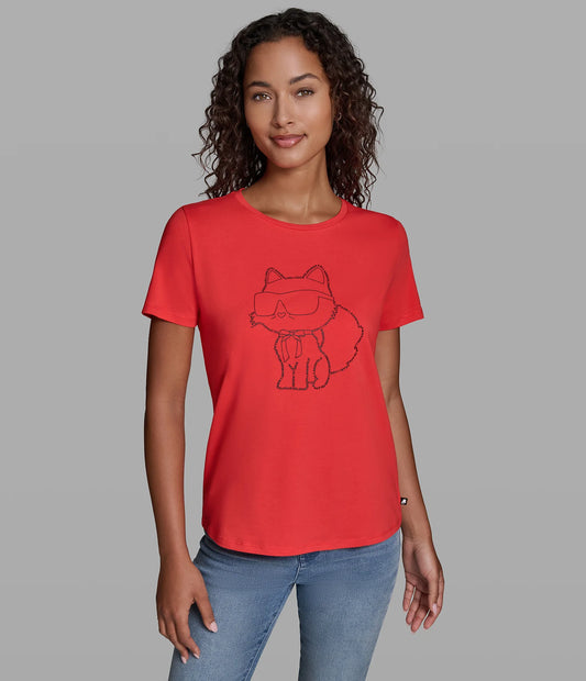 Karl Lagerfeld Paris Women's Choupette Logo Outline Tee in Apple Red