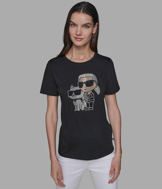 Karl Lagerfeld Paris Women’s "Karl et Choupette" Crystal Tee in Black