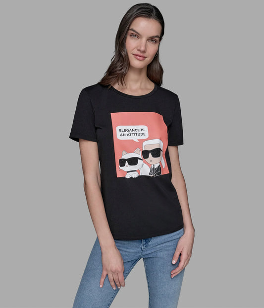 Karl Lagerfeld Elegance Quote Tee - Black/Fusion Coral