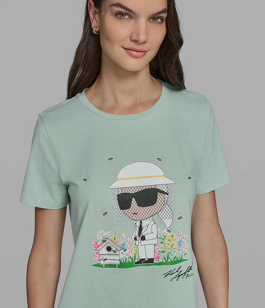Karl Lagerfeld Paris Women’s Cotton Jersey Beekeeper Karl Tee in Fresh Mint