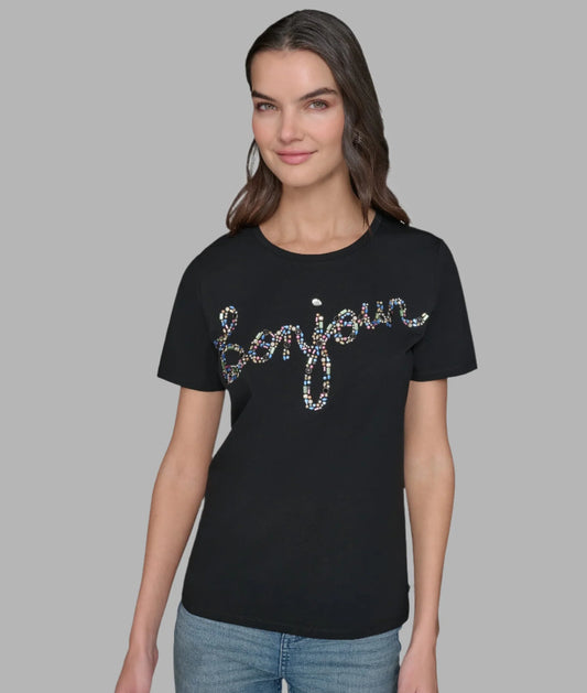 Karl Lagerfeld Jeweled Bonjour Logo Tee - Black