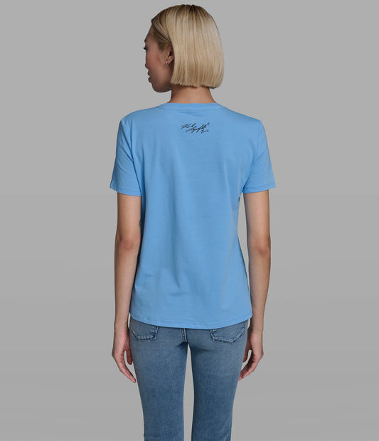 Karl Lagerfeld Paris Women’s Cotton Jersey Floral Whimsy Tee in Sky Blue