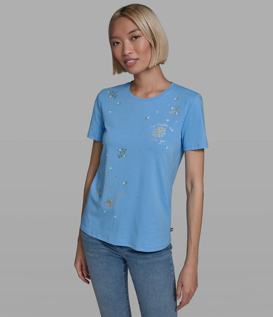 Karl Lagerfeld Paris Women’s Cotton Jersey Floral Whimsy Tee in Sky Blue