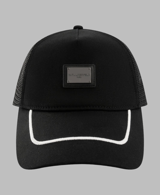 Karl Lagerfeld Paris Metal/Leather Logo Patch Hat | Black