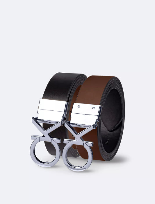 Calvin Klein Monogram Logo Plaque Reversible Belt - Black / Brown
