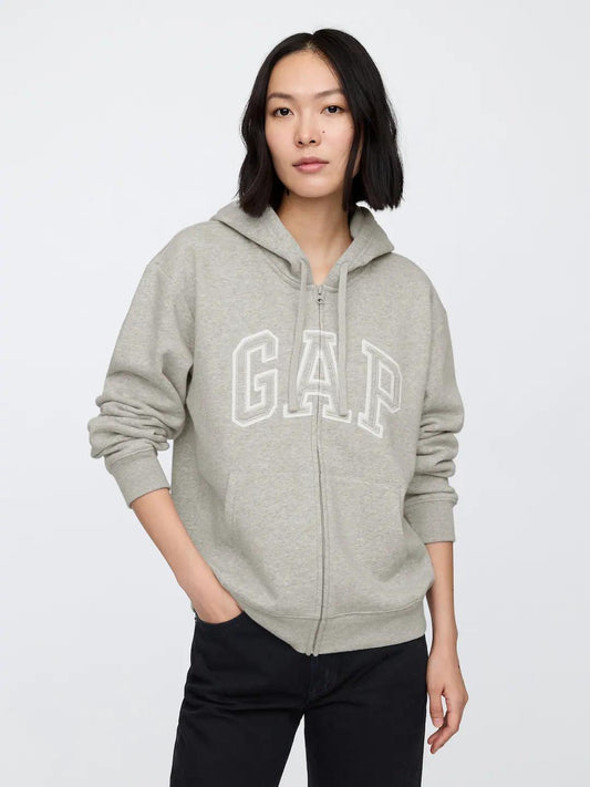 Relaxed Women Gap Logo Zip Hoodie - Gray and White Marl