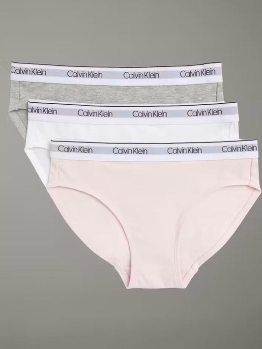 Calvin Klein Girls' Monogram Basics 3-Pack Bikini Briefs in Crystal Pink/White/Grey Heather