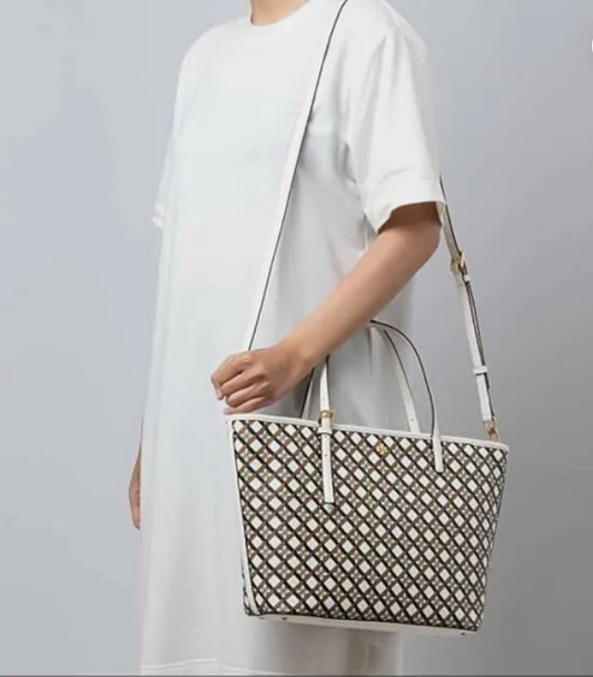 Tory Burch 143703 Geo Logo Ivory White/Blue/Brown Multicolor With Gold Hardware