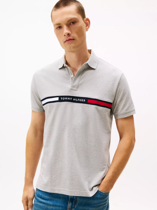 Tommy Hilfiger Regular Fit Embroidered Stripe Polo in Grey Heather