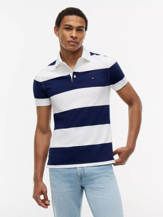 Tommy Hilfiger Men's Slim Fit Rugby Stripe Polo in Navy/White Stripe