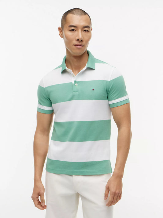 Tommy Hilfiger Men's Slim Fit Rugby Stripe Polo in Fort Green/White Stripe