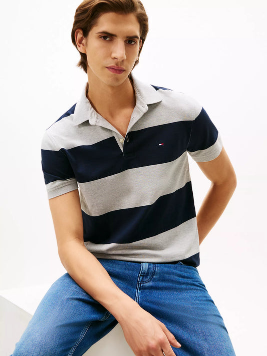 Tommy Hilfiger Men's Slim Fit Rugby Stripe Polo in Grey Heather/Navy Stripe